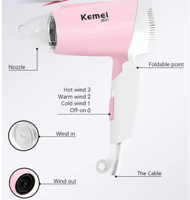 Kemey Km 6831 Professional Foldable Hot and Cool Hair Dryer 1600 watts